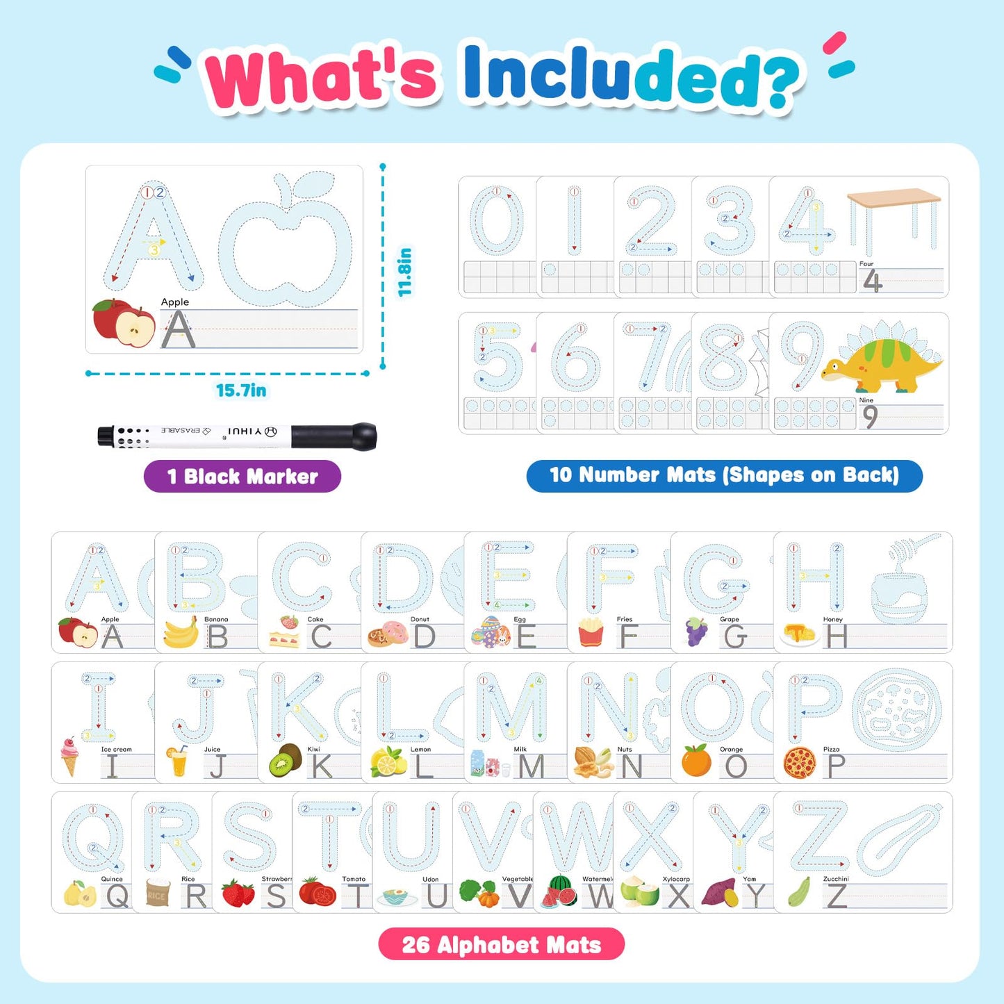 Crelloci Alphabet & Number Dough Learning Mats for Kids Ages 2+ – Double-Sided ABC, Counting & Shape Activity Cards, Reusable Write & Wipe Preschool Learning Set with Marker