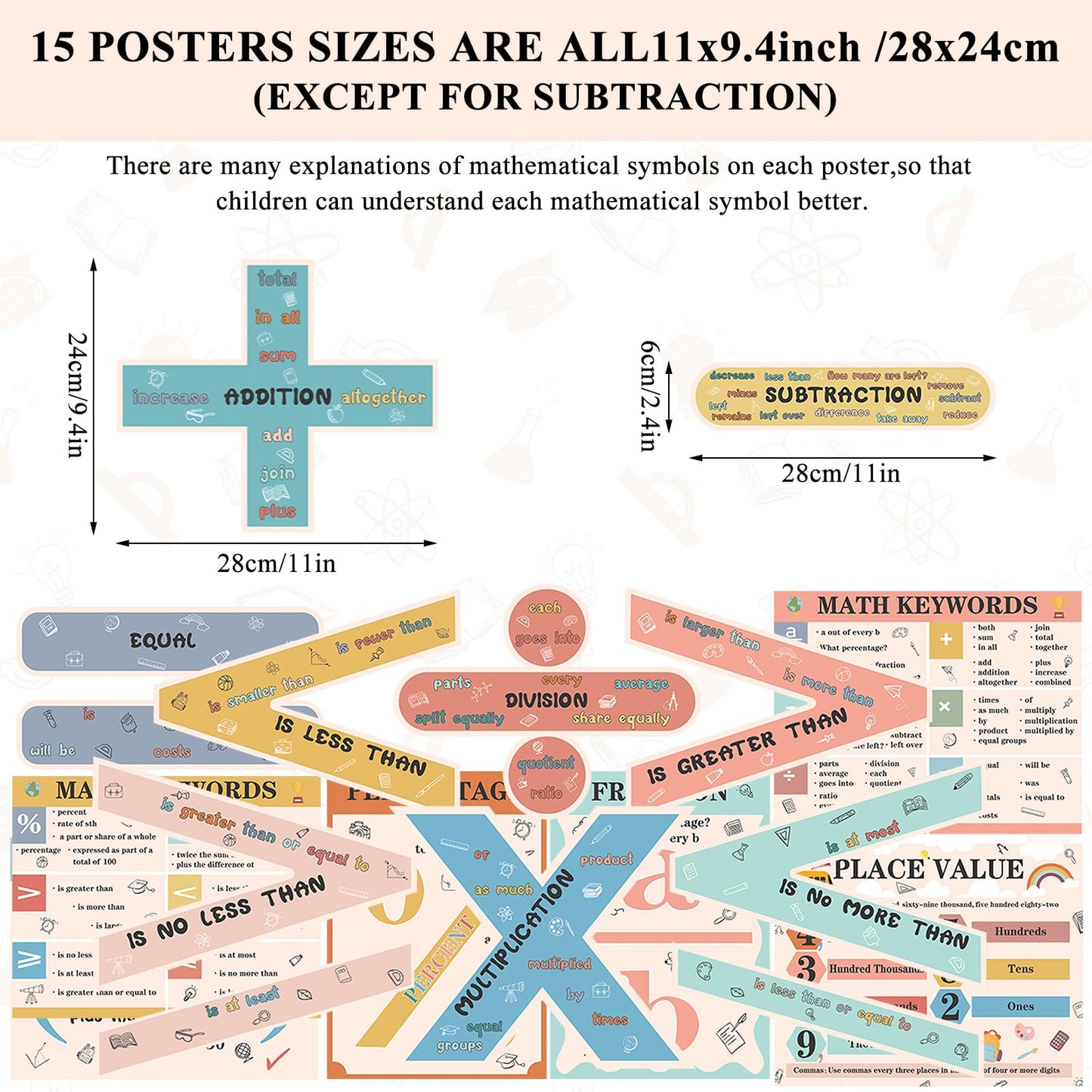 Geyoga 15 Pcs Educational Math Posters Set for Elementary Classroom Symbol Keywords Vocabulary Addition Subtraction Multiplication Division Poster for Middle School Homeschool Supplies(Bohemian)
