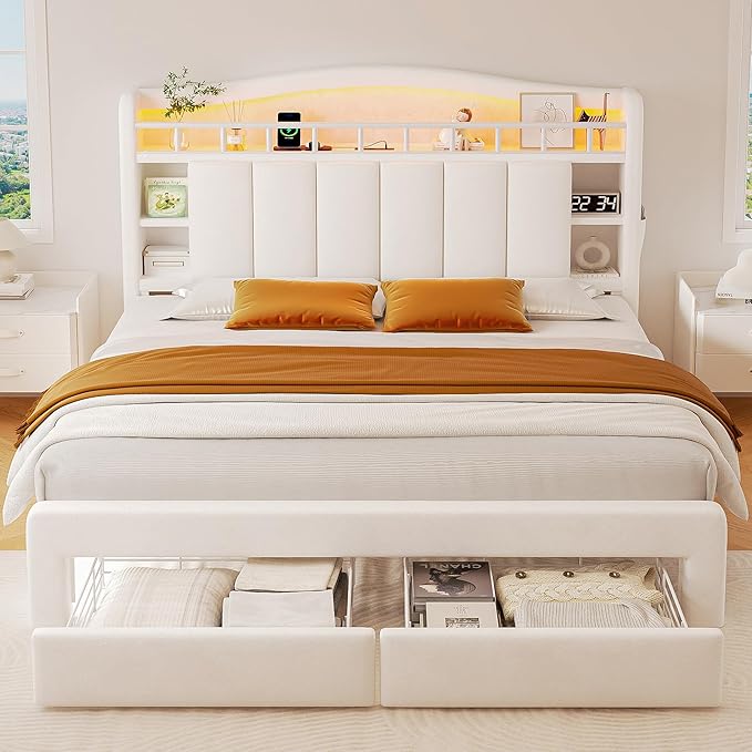 Queen Size Bed Frame with LED Storage Headboard & 2 Storage Drawers, Velvet