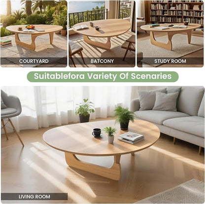 Modern Triangle Coffee Table: Unique Funky Soild Wood Coffee Tables for Living Room, Wooden Oval Mid-Century Modern Abstract Tea Tables for Patio Office Balcony Natural 43" L x 31" W x 16" H