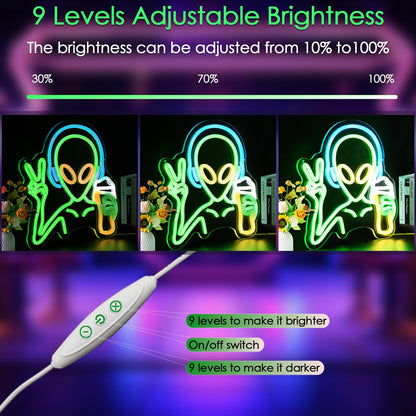 KHK Green Alien Neon Sign - USB Battery Powered LED Wall Sign for Game Room, Home Bar, Party, Bedroom & Man Cave Decor for Teens and Kids Lights Led Gaming for Boy & Girl Room Decor -Best Gamer Gifts for Boys Kids (11.8*11.8in)