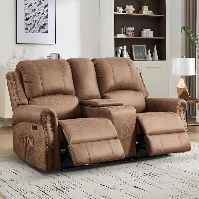 EBELLO Power Reclining Loveseat, Faux Leather Double Recliner Sofa