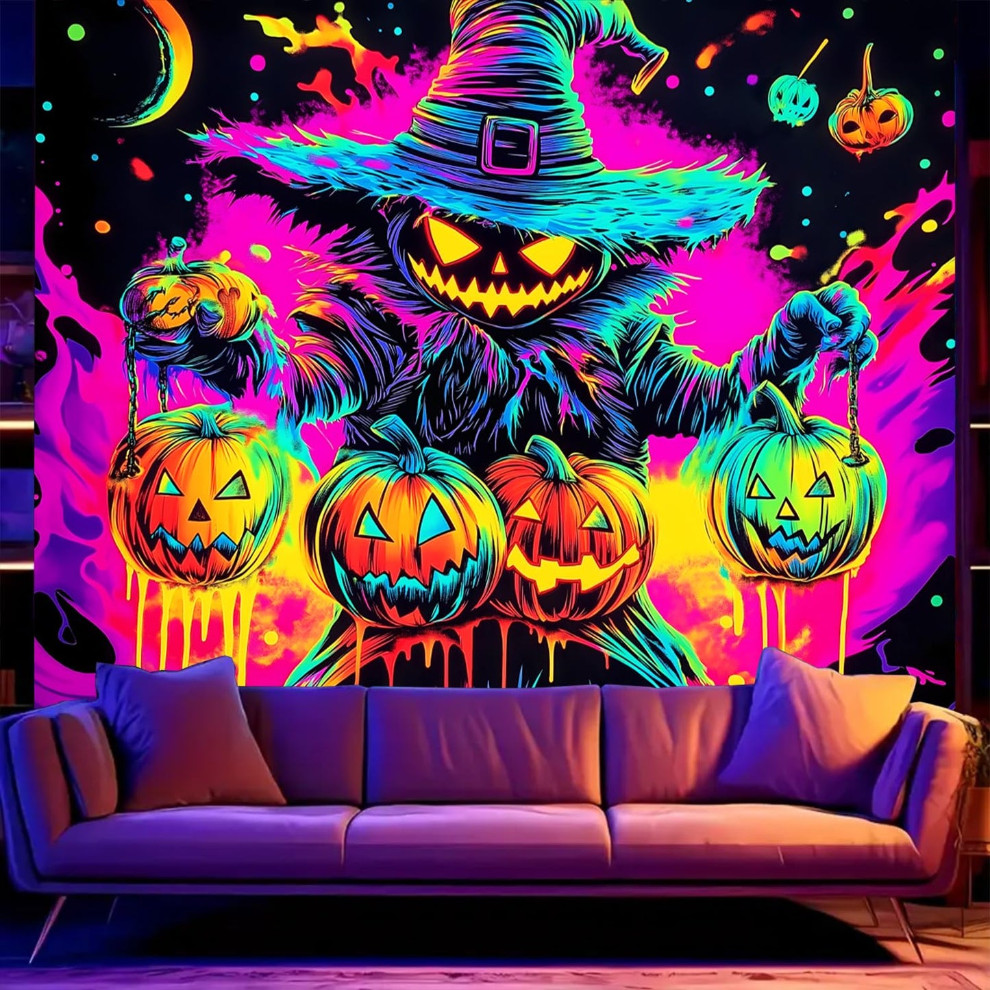 BSFHH Black Light Tapestry – UV Reactive Glow in the Dark Wall Hanging, Spooky Night Scene with Ghosts & Pumpkins, Haunting Home Decor for Parties, Bedroom, or Dorm (Pumpkin, 79L x 59W, Unframed)