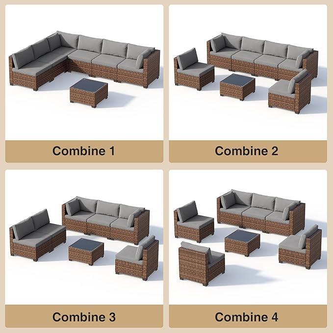 Qsun 7 Pieces Patio Furniture Set, Outdoor Sectional Rattan Sofa Set, Wicker