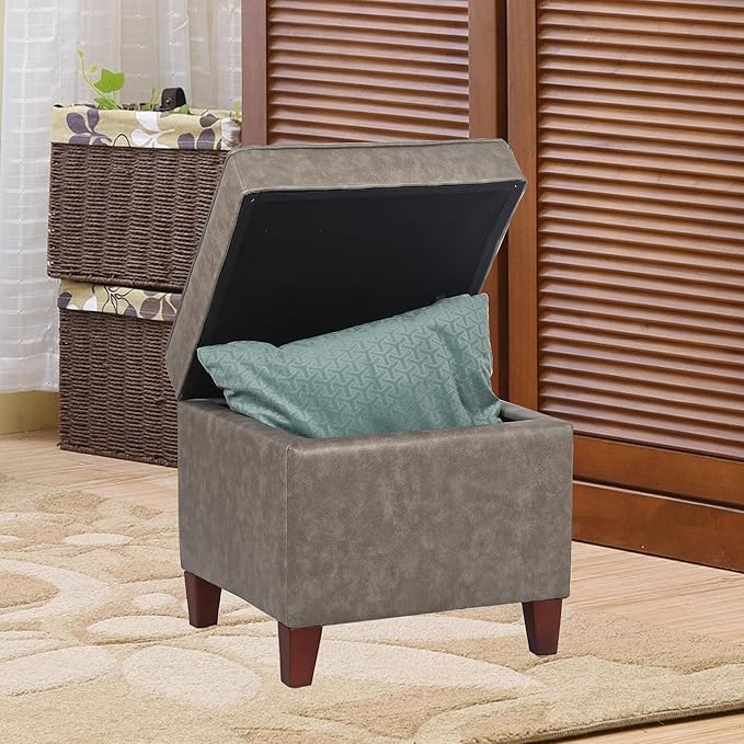 Adeco 17.5" Square Storage Ottoman, Faux Leather Flip Top Footstool & Coffee