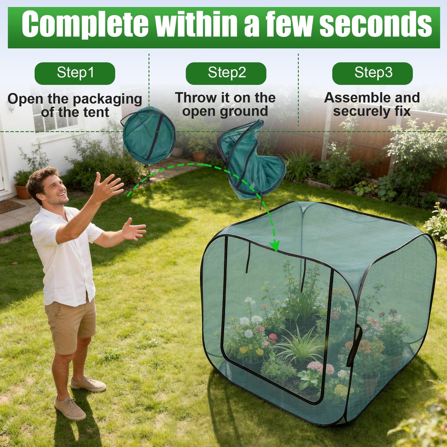 RGQSUN 1Pcs 47 x 47 x 43in Pop-up Garden Mesh Plant Cover,Large Pest Guard Cover,Plant Gardening Net Cover with Zip and Stakes for Protecting Vegetable Fruits Plant from Birds Insects