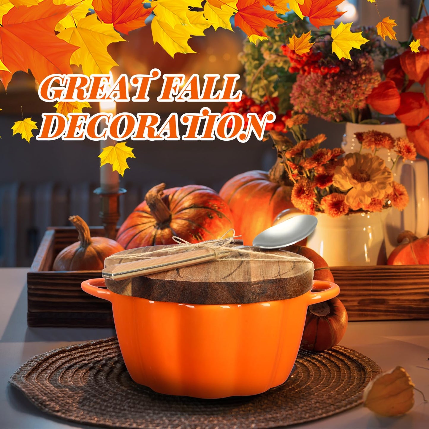 Mimorou 11 oz Pumpkin Pot with Carved Wooden Lid and Spoon Thanksgiving Pumpkin Bowl Orange Cute Cookware Soup Dish Safe Oven Pot with Wooden Lid and Handle for Fall Autumn Cooking Baking