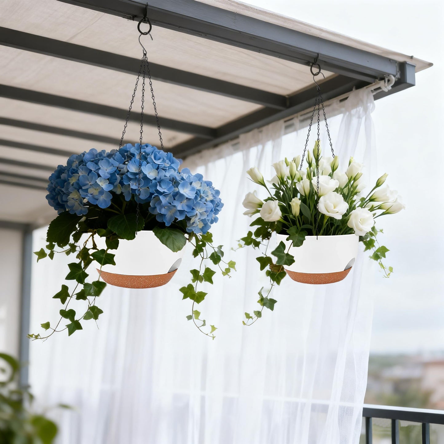 zople Set of 2-8 Inch Self Watering Hanging Planters for Indoor Outdoor，Hanging Plant Pots with Drainage & Removable Tray, Hanging Pots Holder for Ivy, Pothos, Ferns, Balcony & Patio, White Brown
