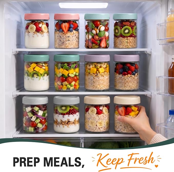 12 Pack Mason Jars, 16oz Overnight Oats Glass Jars, Wide Mouth Overnight Oats Containers with Lids, Small Parfait Cups with Lids for Yogurt, Storage, Chia, Snack, Salad, Spice, Seed