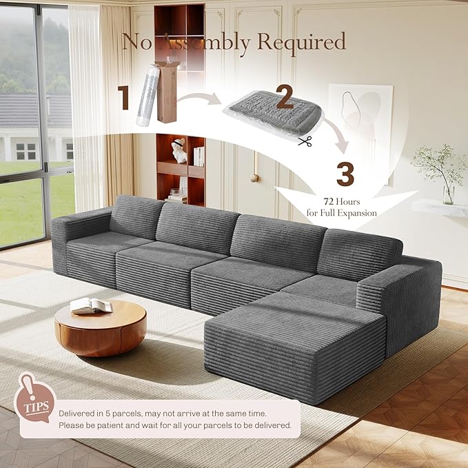 Vesgantti 159" Large Modular Sectional Sofa, L-Shaped Corduroy Cloud Couch