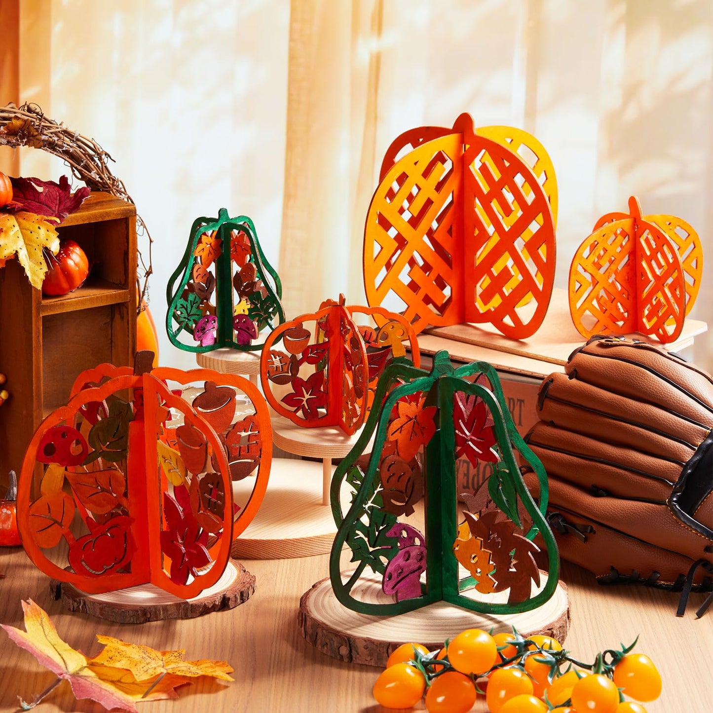 Geelin 60 Pcs Thanksgiving Fall Crafts Wooden Pumpkins 7.9 Inch Large 3D Wood Pumpkins Cutouts Unfinished Wood Slices to Paint Table Centerpieces Decorations for Harvest Craft DIY Tiered Tray Decor