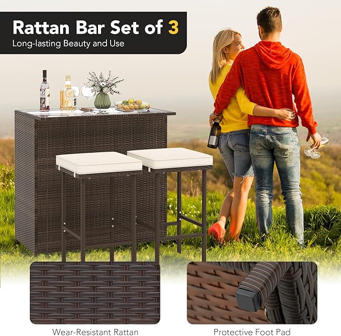Tangkula Patio Bar Set, 3 Piece Outdoor Rattan Wicker Bar Set