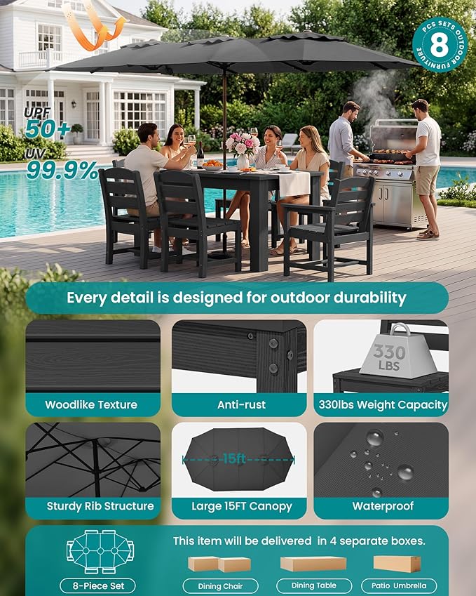 SERWALL Outdoor Dining Set for 8 – HDPE Patio Set