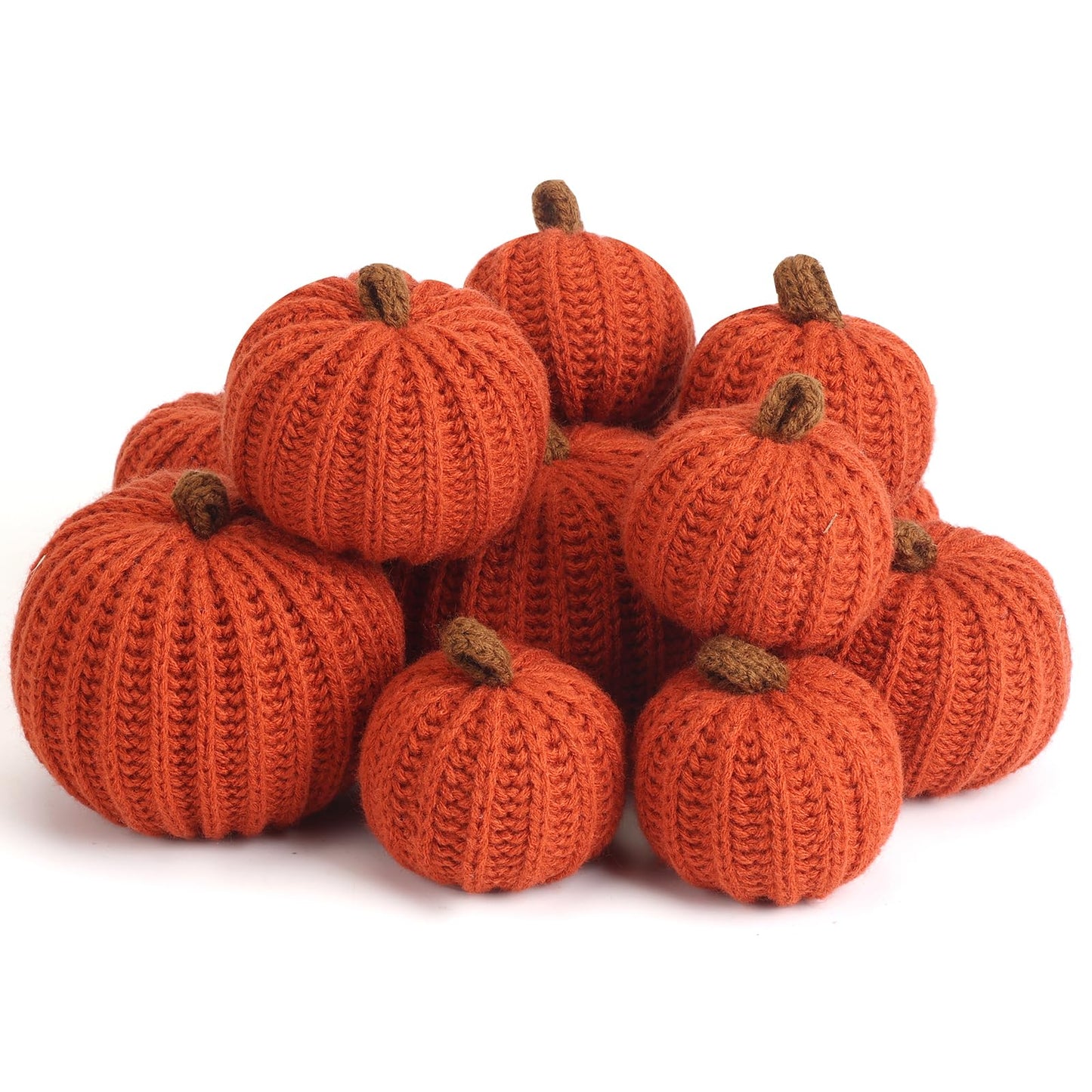 12-Pack Fall Crochet Pumpkins Handmade Fall Decor Set with 2.36, 3.15, 4inch Sizes Knit Pumpkins Farmhouse Thanksgiving Table Centerpiece, Halloween Decorations (Dark Orange)