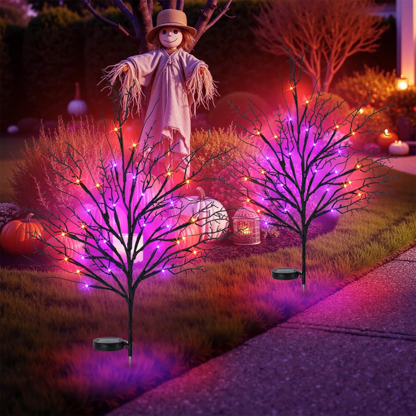 Luiywan Halloween Solar Pathway Lights 2PCS, Halloween Outdoor Decorations, Artificial Tree Waterproof LED Lights for Lawn Yard Garden Driveway Porch Walkway, Auto On/Off