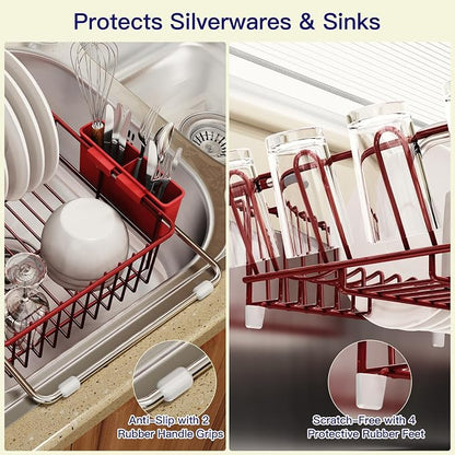MAJALiS Red Dish Drying Rack Over The Sink with Utensil Holder, Mat | Expandable Stainless Steel Dish Drainer for Small Kitchen, Apartment, RV, Counter Space Saving, Perfect Fit, Rustproof