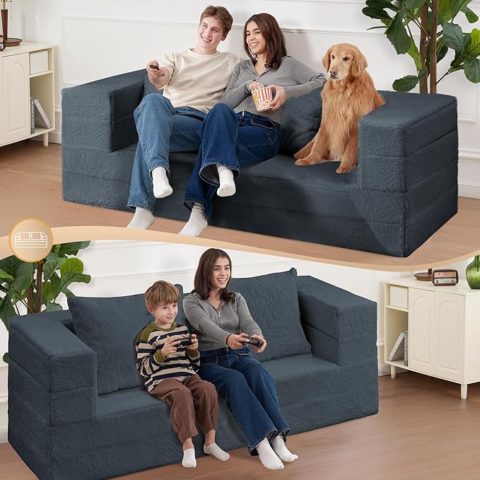 Folding Bean Bag Chair for Adults, 3-in-1 Bean Bag Couch Faux Fur Floor Sofa