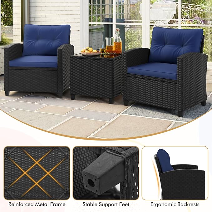 HAPPYGRILL 3 Pieces Wicker Patio Conversation Set, PE Rattan Bistro Sofa Set