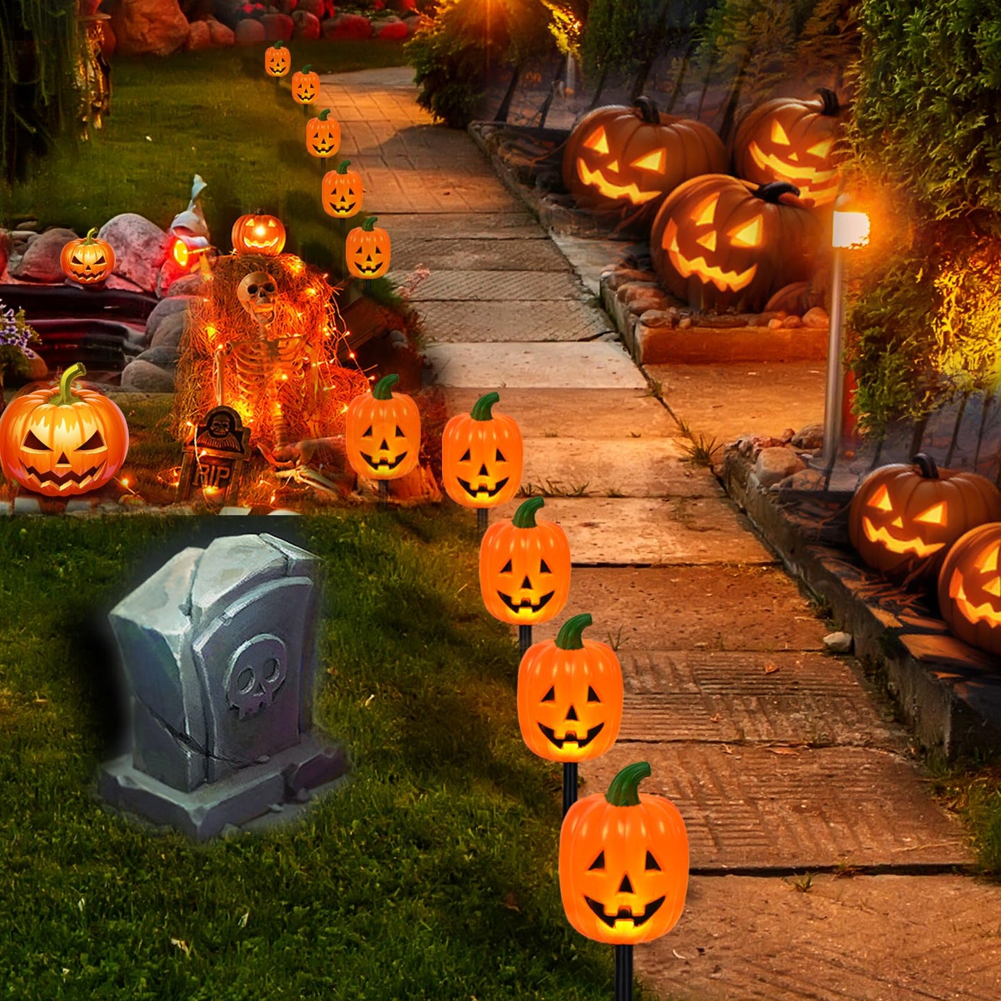 BRIGHTDECK Halloween Pumpkin Stake Lights, Set of 10 Decorative Solar Pumpkin Lights, Waterproof Halloween Decorations for Outdoor Garden and Yard