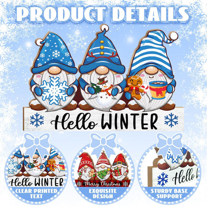 LawnIdyll Winter Christmas Gnome Decoration Reversible Double Side Wooden Tabletop Sign Hello Winter Merry Christmas Table Centerpieces for Holiday Mantle Tiered Tray Shelf Holiday Party Home Decor