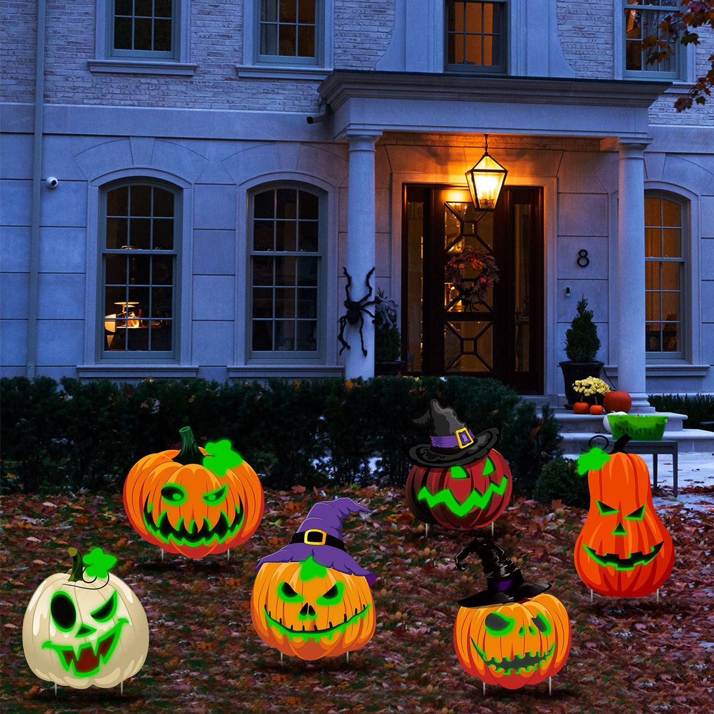 Soaoo 6 Pack 16 Inch Halloween Decoration Outdoor Fluorescence Halloween Pumpkin Yard Signs with Stakes Spooky Faces and Witch's Hat Lawn Signs Scary Front Yard Decor for Holiday Party Decor