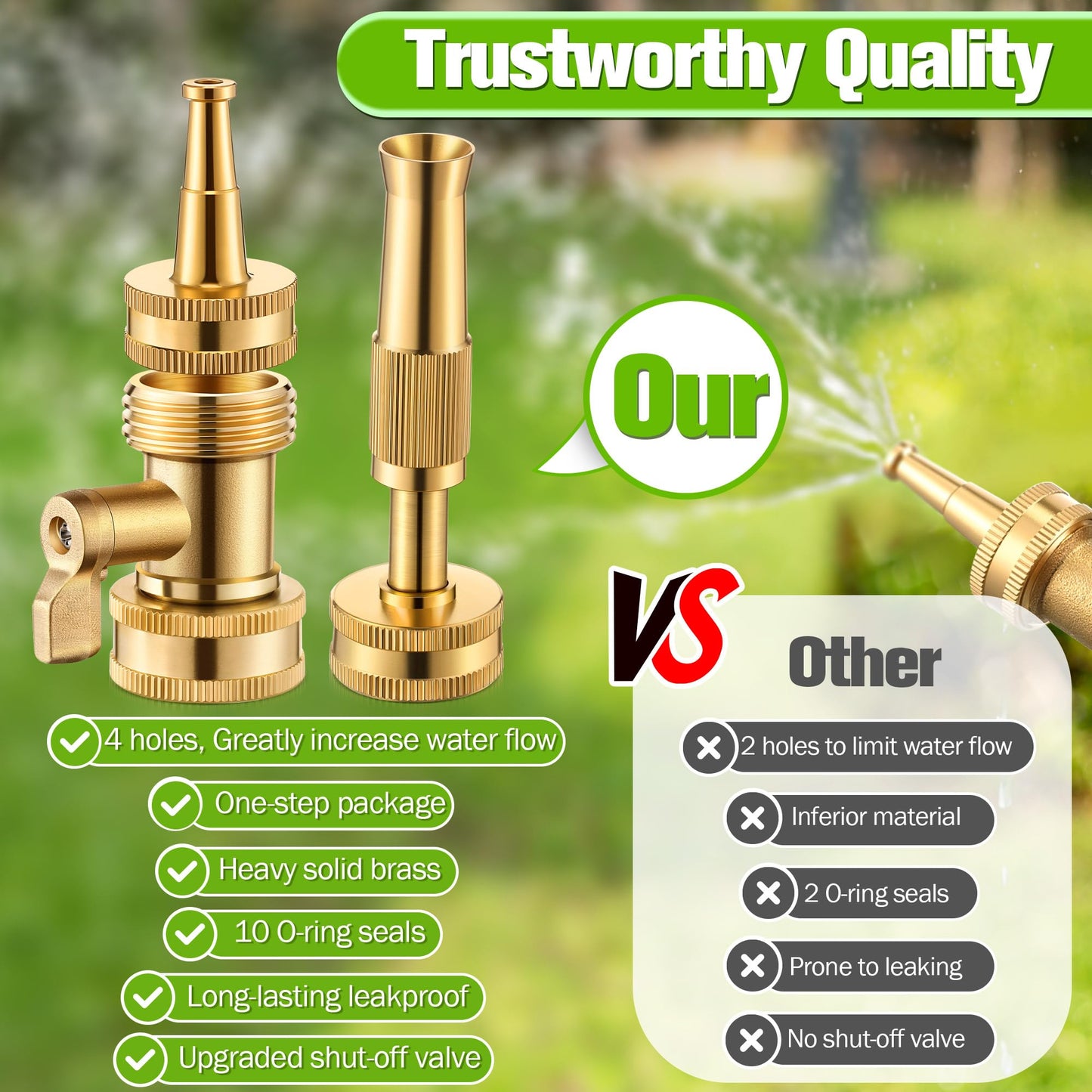 Dunkive 4 Pcs Garden Hose Nozzle Kit, 4" Brass Adjustable Twist Nozzle, Jet High Pressure Water Sprayer, Brass Hose Shut Off Valve with 10 Rubber Washers, 3/4" GHT Connector for Garden Sprinkler
