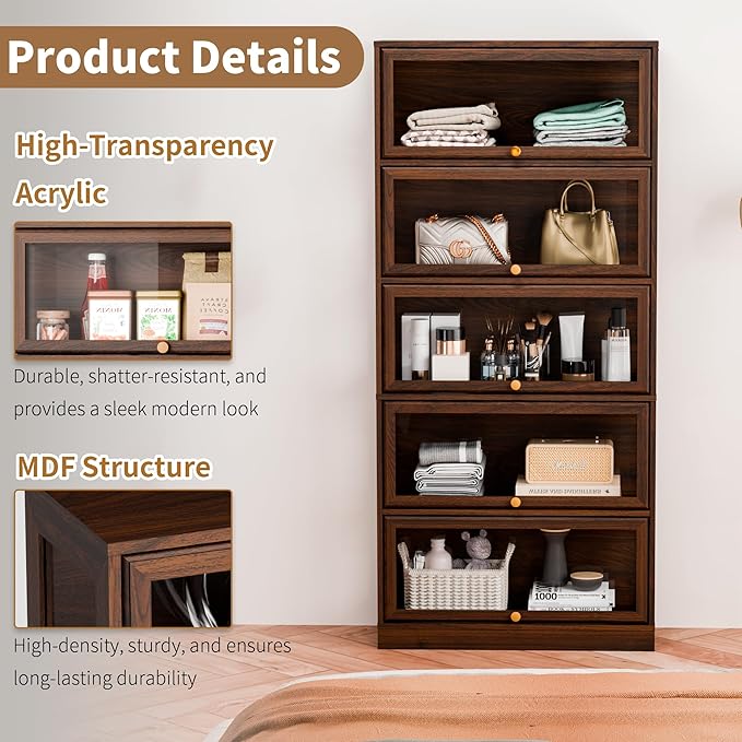 Display Cabinet with Acrylic Glass Doors, 5-Tiers Curio Cabinet with LED