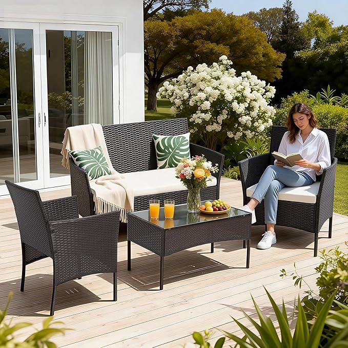 FDW | 4-Piece Patio Furniture Set | Brown | Outdoor Wicker Furniture