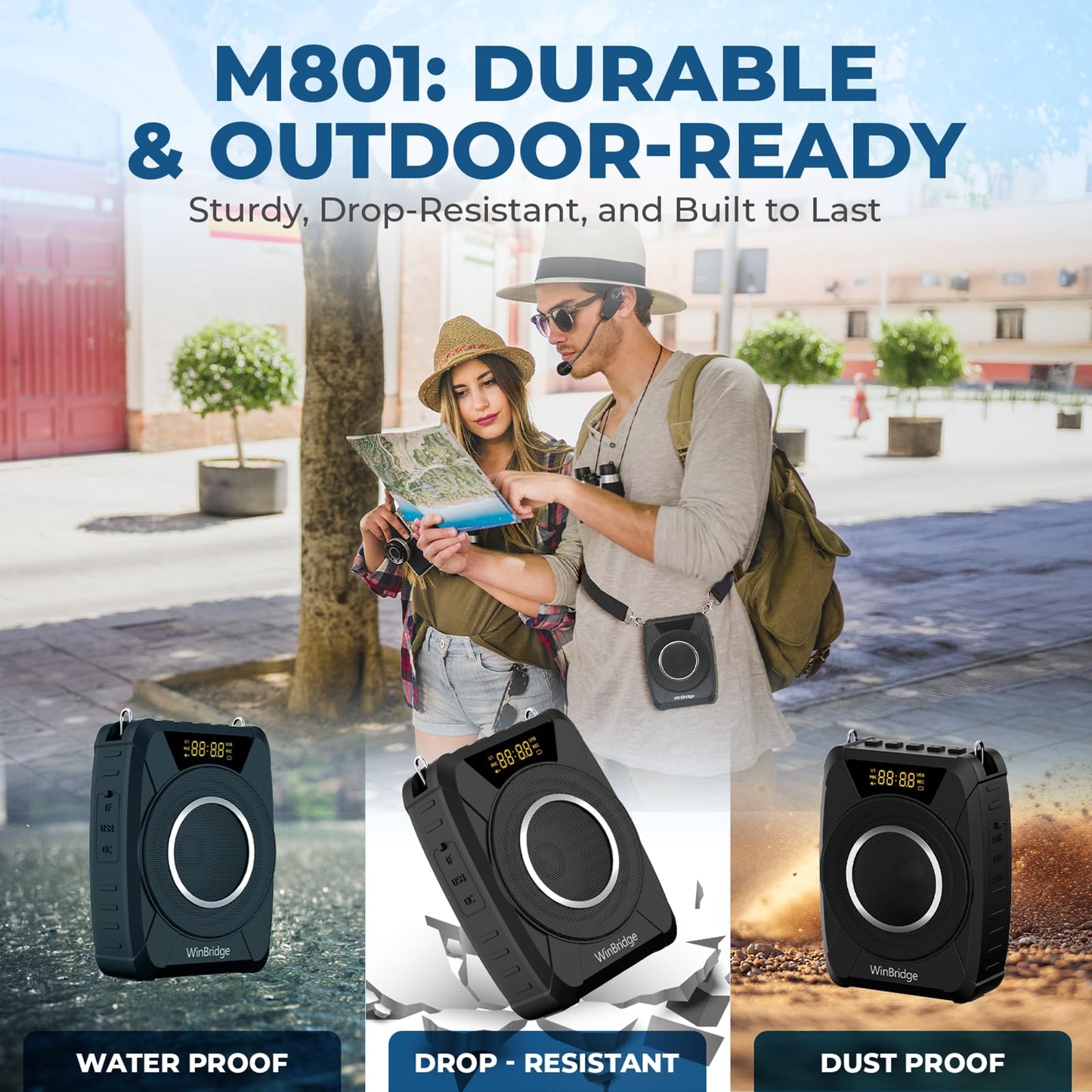 Voice Amplifier Wireless Microphone, 20W Portable PA System with Bluetooth & Headset Mic, Waterproof Portable Microphone and Speaker, Megaphone for Teachers, Classroom, Outdoor Events - M801