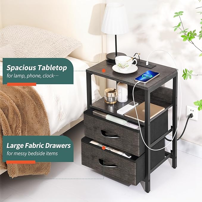 Yoobure Nightstand with Charging Station, LED Night Stand with Fabric Drawers