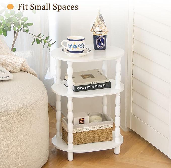 MaxSmeo White Side Table, 3-Tier Small Oval End Table, Modern Night Stand Wood