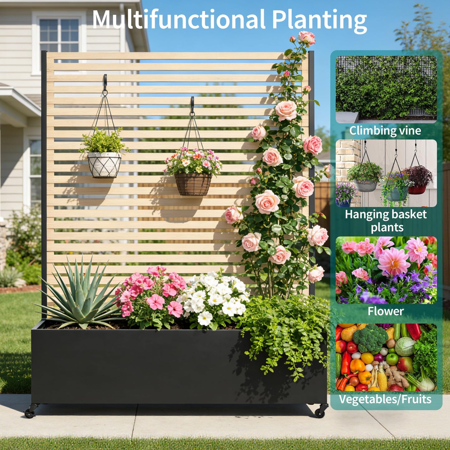 Metal Planter Box with Trellis Privacy Screen, Raised Garden Bed with Trellis & Wheels, Privacy Planters for Patio, Planter Box with Drainage Holes for Climbing Plants, Flower, 73"x 47"x 16", Wood