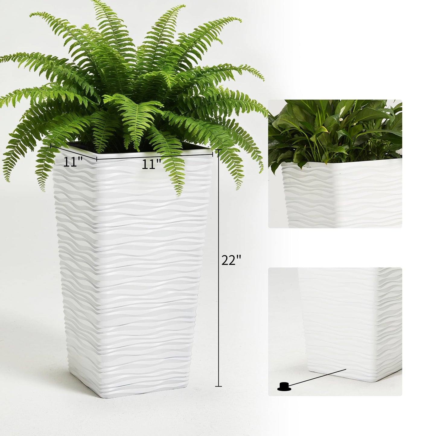 Worth Garden 22" Tall Planters Set of 2 - Plastic White Square Plant Pots with Drainage Hole - Modern Large Tapered Matte Wavy Tree Flower Pot for Indoor Outdoor Porch Deck
