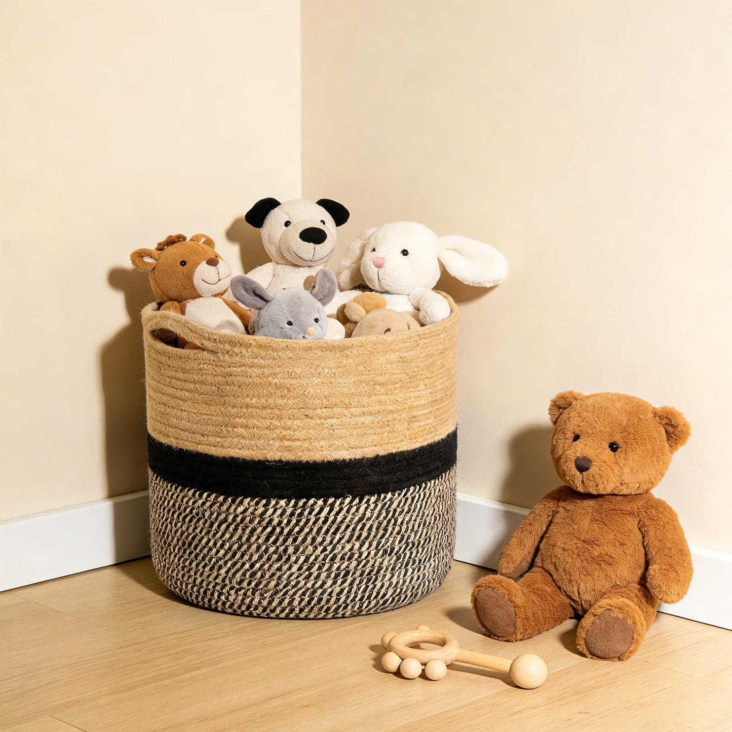 JBESUHI Sturdy Jute Rope Plant Basket - Modern Woven Basket for 10" Flower Pot & Floor Indoor Planters, 11”x11” Storage Organizer, Rustic Home Decor with Black and Beige Stripes