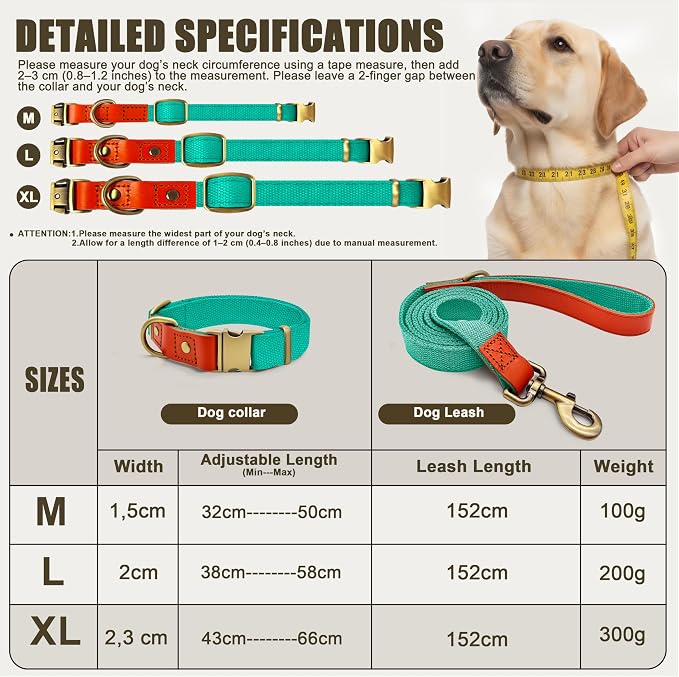 Dog Collar and Leash Set with Metal Quick Release Buckle, Adjustable, Breathable Nylon, Durable, Soft and Comfortable, No Pull for Walking and Training, Cyan, XL (16.9"-26")