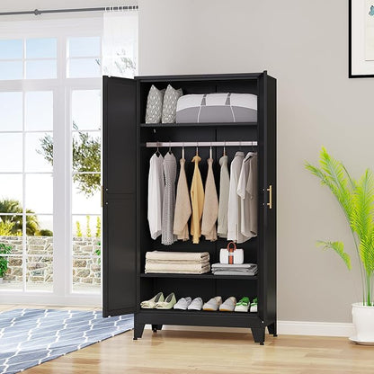 erosoei 71 "Metal Armoire Wardrobe Closet, Steel Clothing Storage Cabinet with Adjustable Shelves and Hanging Rod, Household Steel Wardrobe Storage Cabinet with Adjustable Standing feet（Black）