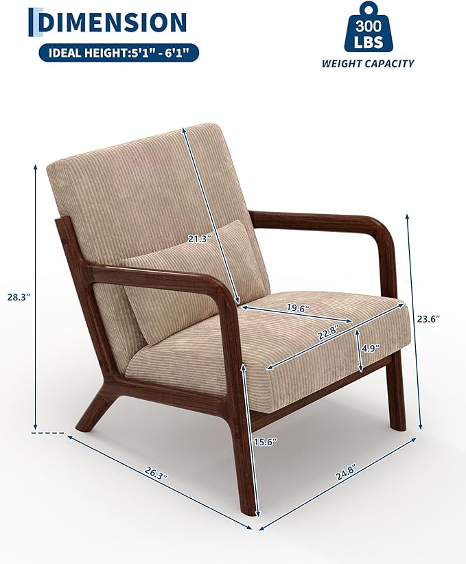 Garvee Mid-Century Modern Accent Chair, Wide-Wale Corduroy Upholstery, Solid