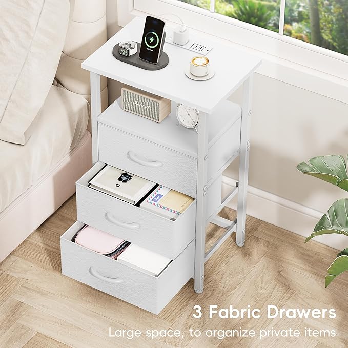 Vagusicc Nightstand with Charging Station, End Table Side Table with 3 Fabric