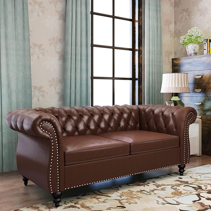 ORRD 2 Piece Living Room Set, Chesterfield Leather Sofa Couch Chair