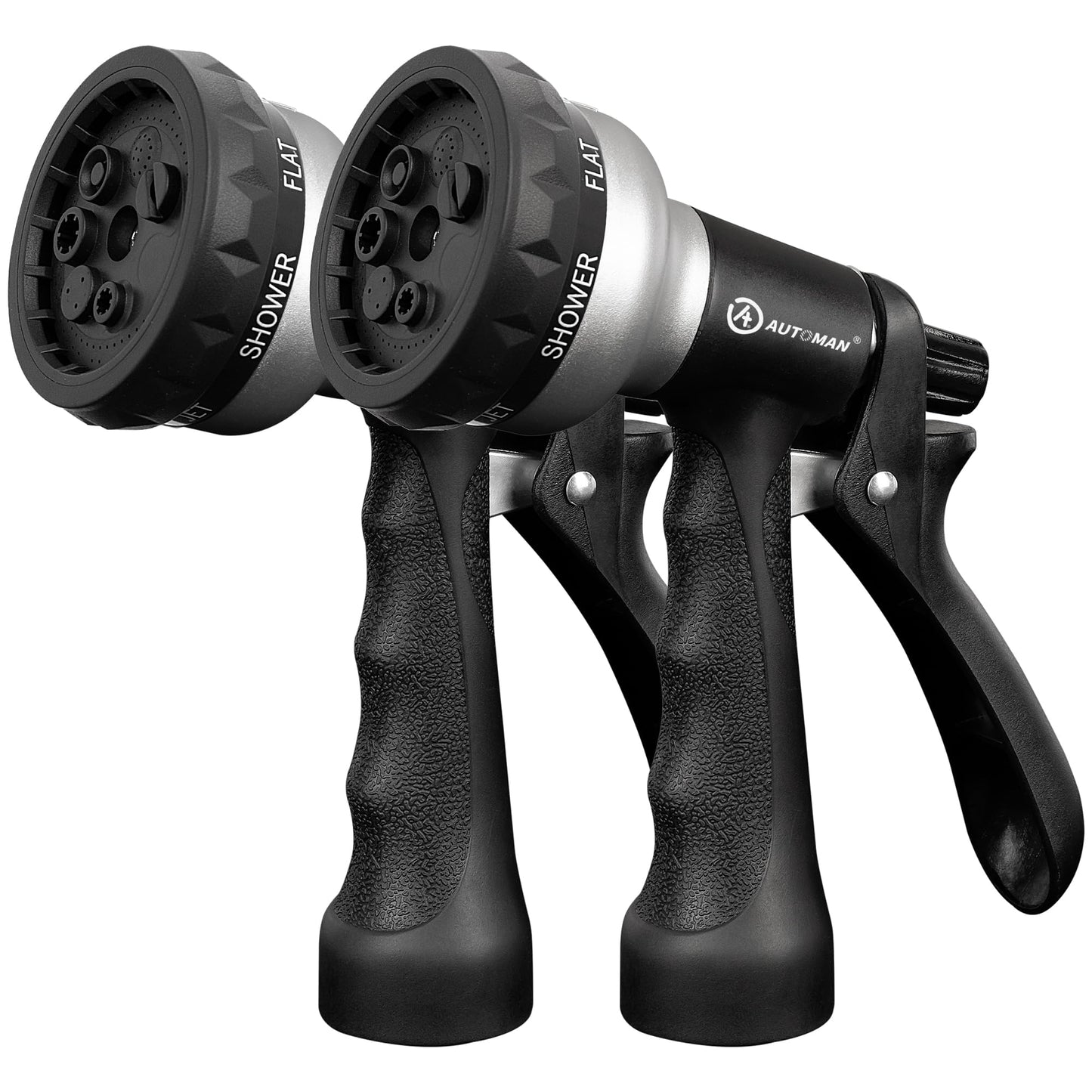 AUTOMAN-Garden-Hose-Nozzle, 2 Pack ABS Water Spray Nozzle, 7 Adjustable Watering Patterns, Slip Resistant for Watering Plants, Lawn& Garden, Washing Car, Showering Pets & Outdoor Fun.Silver Color