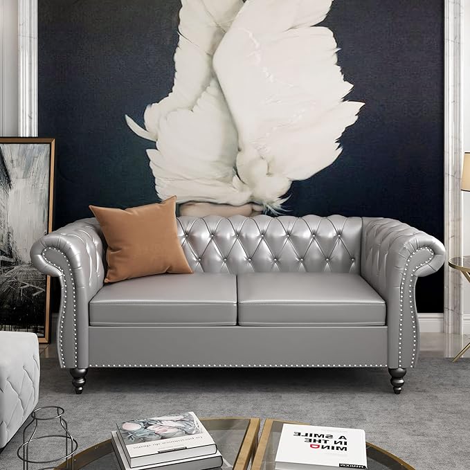 ORRD 3 Piece Living Room Set, Chesterfield Leather Sofa Loveseat Couch Chair