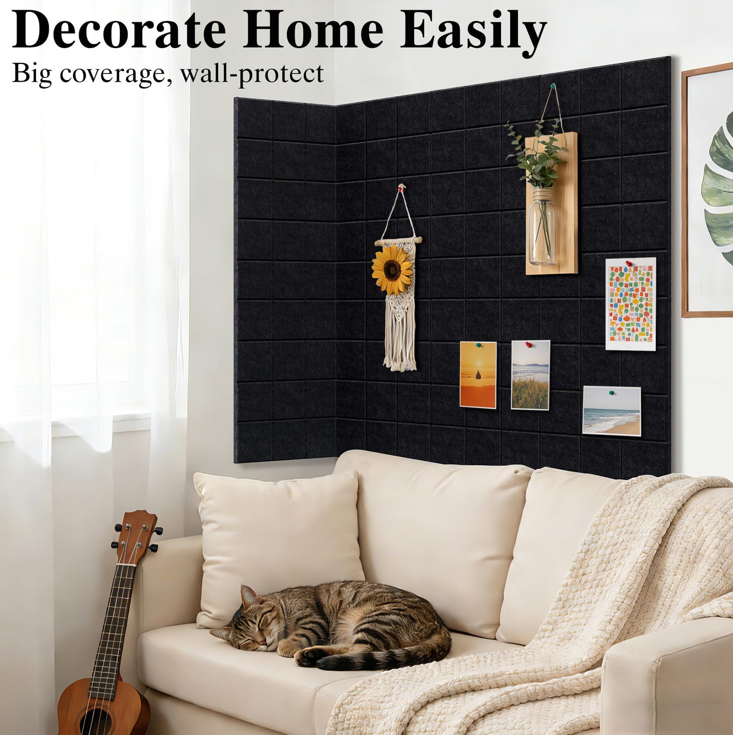 36" x 24" Large Black Cork Board Alternative - 6 Pack Felt Bulletin Board with 30 Push Pins, Felt Wall Tiles Pin Board for Walls Office Home School Decor, Aesthetic Cork Squares, Black