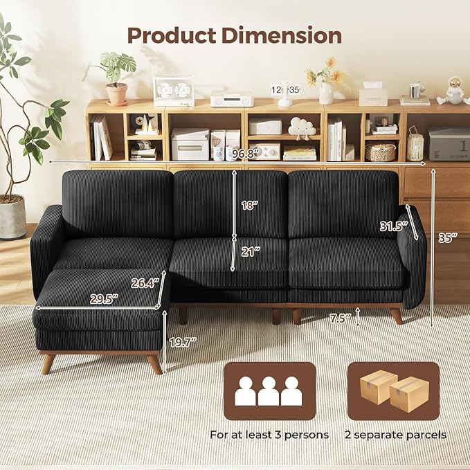 Vesgantti 97" Modular Sectional Sofa Black, L-Shaped Couch