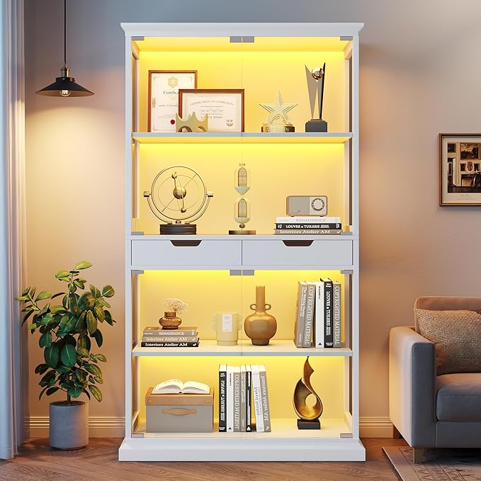 Jocoevol Display Cabinet with Glass Doors, 4-Tier Glass Display Case with Human