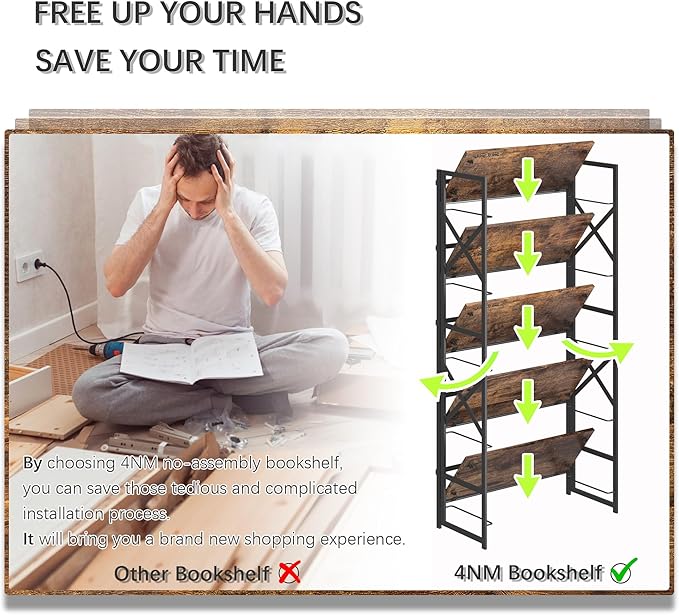 4NM 5 Tiers No Assembly Book Shelves, 51.2" H Folding Bookshelf Bookcase Open