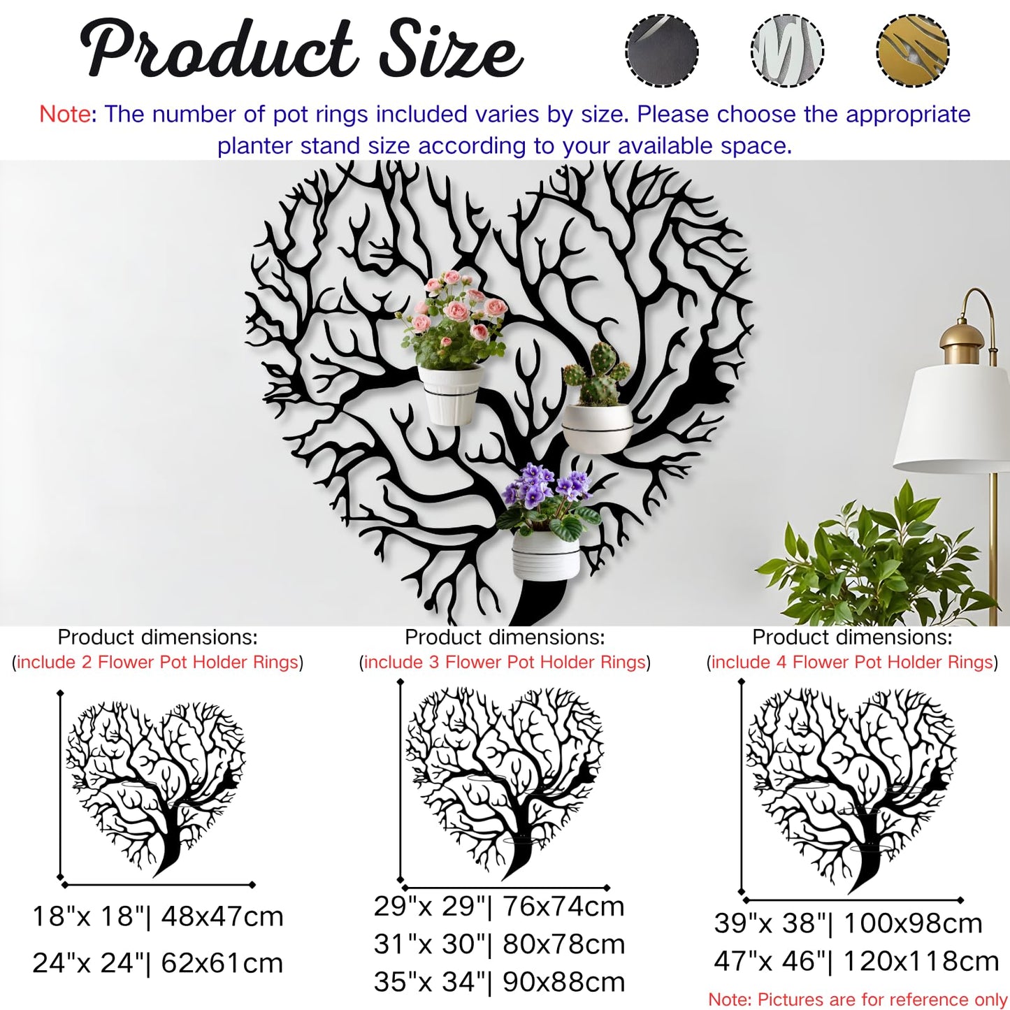 OZF Tree of Life Metal Wall Mounted Plant Holder, Tree Heart Wall Hanging Plant Holder, Branch Metal Plants Stand for Living Room (Black, 18"x 18"| 48x47cm, 2 Pack 8" Flower Pot Holder Ring)