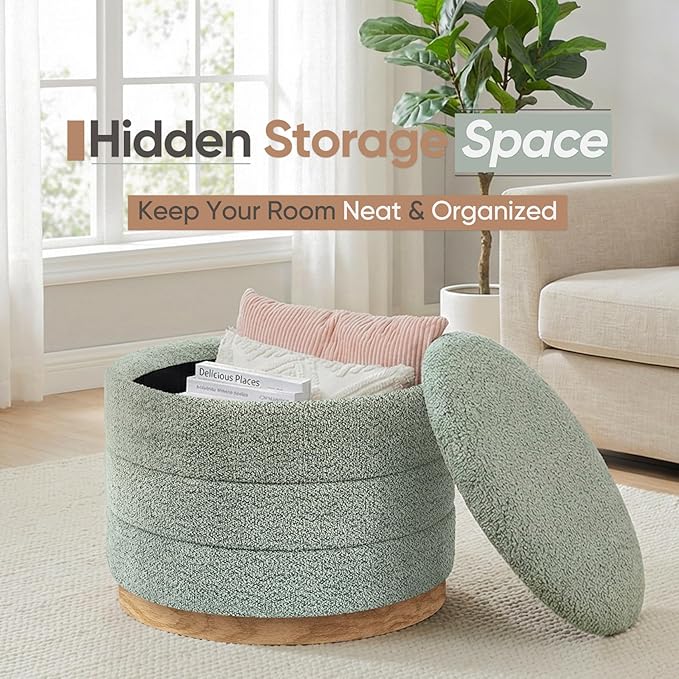 Round Storage Ottoman with Tray Lid, Folding Chenille Fabric Footrest with