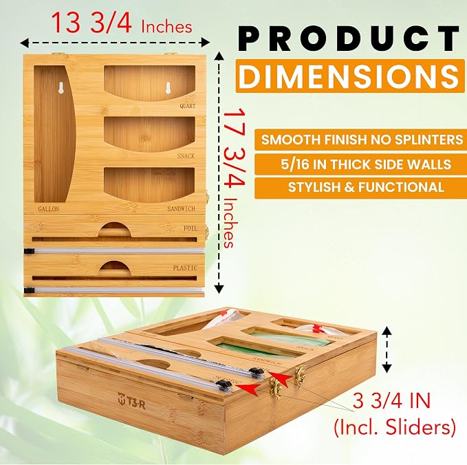 T3-R Bamboo Wrap Organizer - 6-in-1 Dispenser with Cutter for Sandwich Bags, Aluminum Foil, Wax Paper and Plastic Wrap