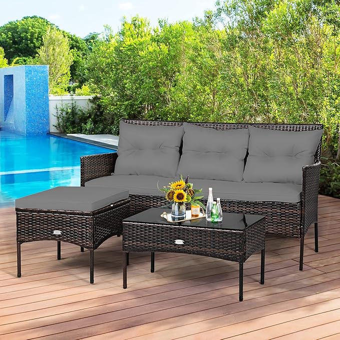 Tangkula 3 Pieces Patio Conversation Set, All Weather Outdoor PE Rattan Wicker