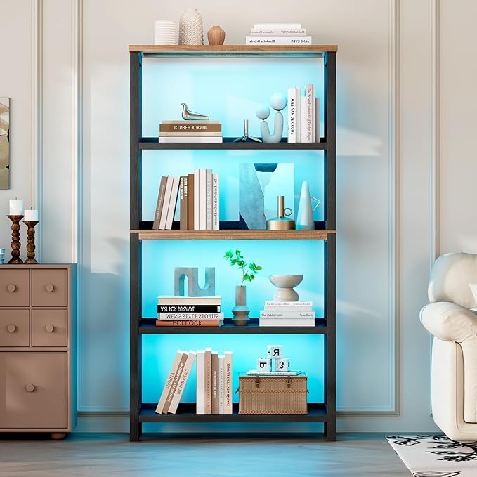 Vlsrka Wooden Bookshelf with Lights, 5 Tier Bookshelf with Storage, Tall